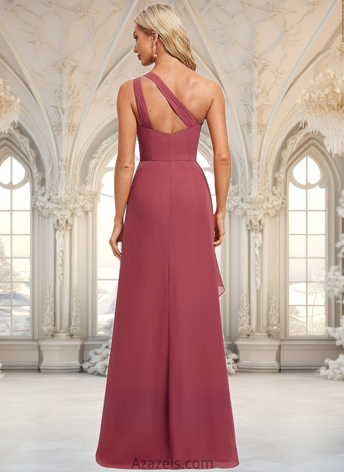 Carley A-line One Shoulder Floor-Length Chiffon Bridesmaid Dress With Ruffle DFP0025824