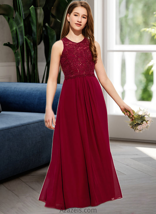 Marley A-Line Scoop Neck Floor-Length Chiffon Lace Junior Bridesmaid Dress With Sequins DFP0013525