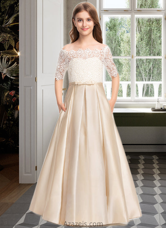 Daniella Ball-Gown/Princess Off-the-Shoulder Floor-Length Satin Lace Junior Bridesmaid Dress With Bow(s) Pockets DFP0013530