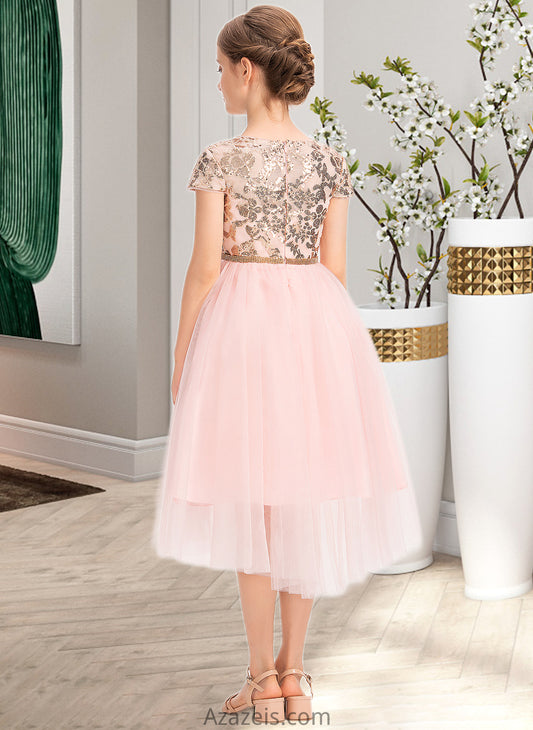 Maggie A-Line Scoop Neck Asymmetrical Tulle Junior Bridesmaid Dress With Sequins DFP0013531