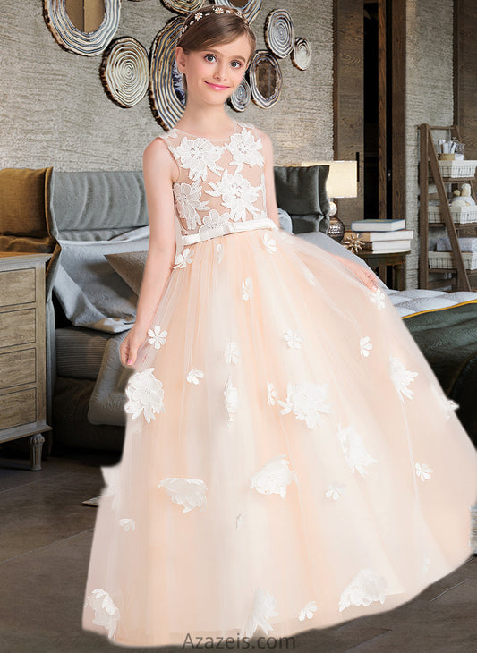 Heaven Ball-Gown/Princess Scoop Neck Floor-Length Tulle Junior Bridesmaid Dress With Flower(s) Bow(s) DFP0013534