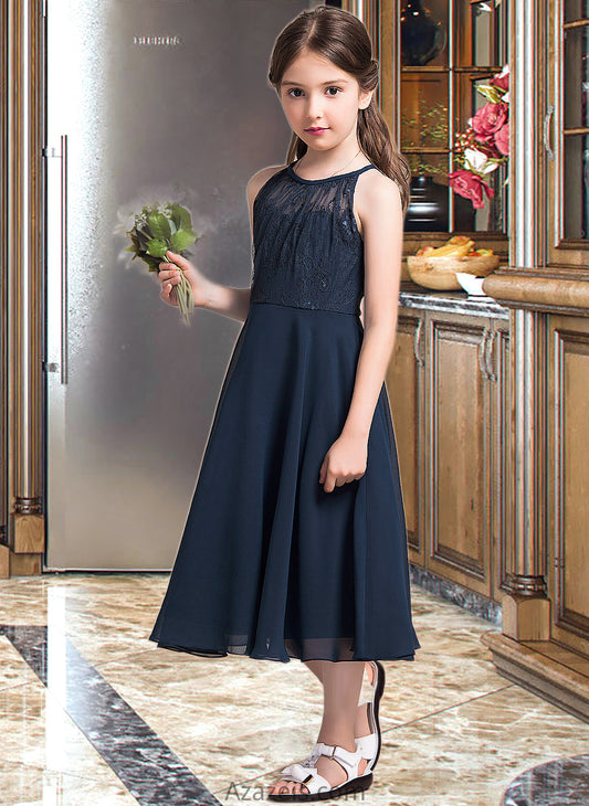 Lauryn A-Line Scoop Neck Tea-Length Chiffon Lace Junior Bridesmaid Dress With Ruffle DFP0013536