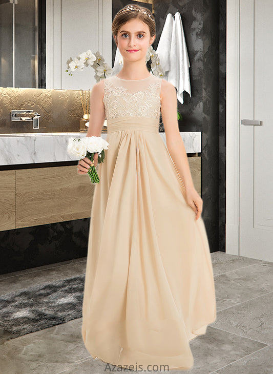 Salome A-Line Scoop Neck Floor-Length Chiffon Lace Junior Bridesmaid Dress DFP0013539