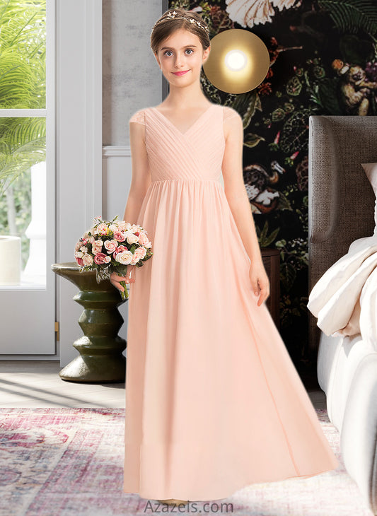 Molly A-Line V-neck Floor-Length Chiffon Lace Junior Bridesmaid Dress With Ruffle DFP0013540