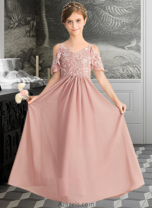 Lorna A-Line V-neck Floor-Length Chiffon Lace Junior Bridesmaid Dress DFP0013541