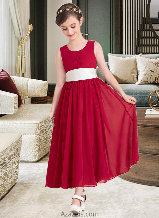 Greta Empire A-Line Scoop Neck Ankle-Length Chiffon Junior Bridesmaid Dress With Sash Bow(s) DFP0013542