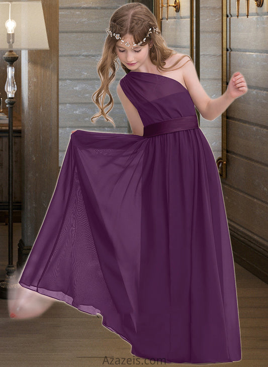 America A-Line One-Shoulder Floor-Length Chiffon Junior Bridesmaid Dress With Ruffle DFP0013544