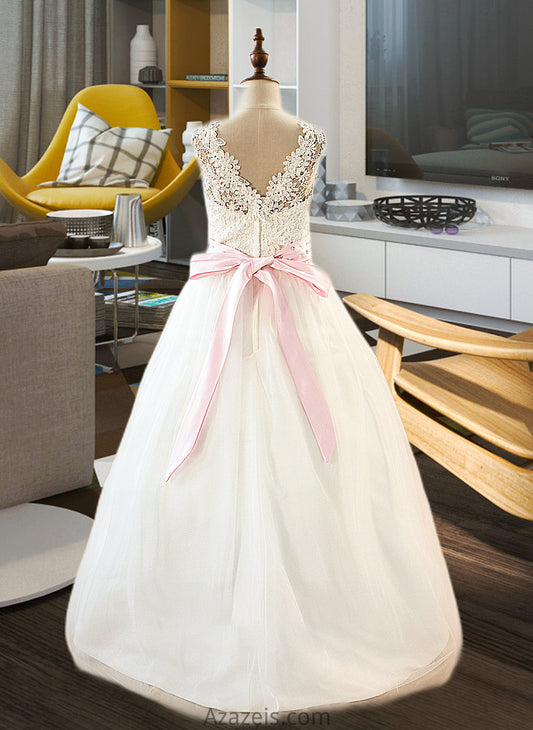 Deborah Ball-Gown/Princess Scoop Neck Floor-Length Tulle Junior Bridesmaid Dress With Sash Beading Bow(s) DFP0013545