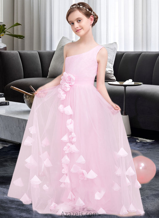 Lacey A-Line One-Shoulder Floor-Length Tulle Junior Bridesmaid Dress With Ruffle Flower(s) DFP0013546