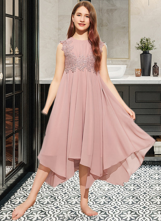 Alena A-Line Scoop Neck Tea-Length Chiffon Lace Junior Bridesmaid Dress DFP0013547