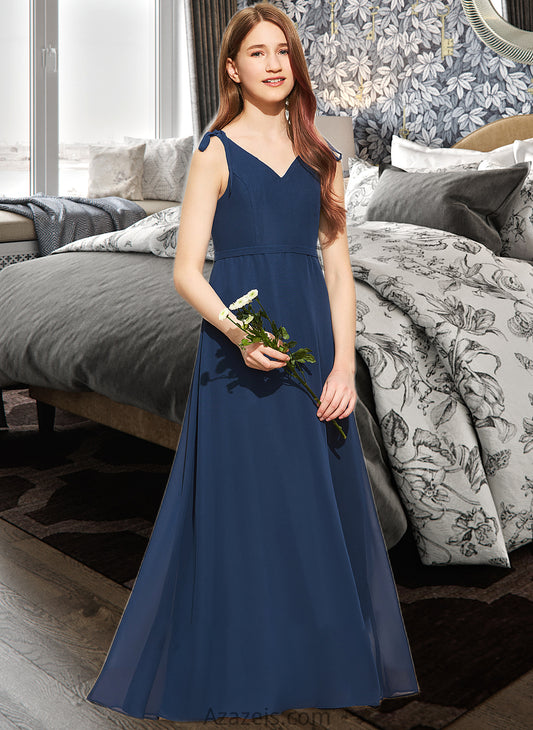 Annika A-Line V-neck Floor-Length Chiffon Junior Bridesmaid Dress With Bow(s) DFP0013548