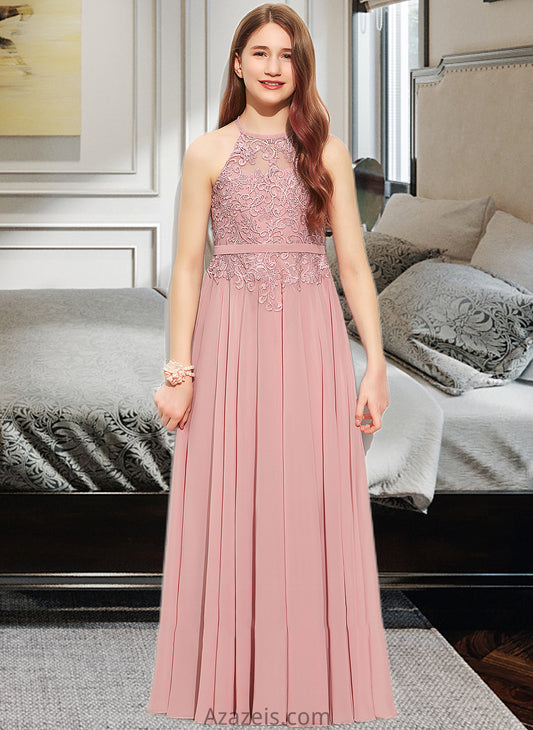 Lexie A-Line Scoop Neck Floor-Length Chiffon Lace Junior Bridesmaid Dress DFP0013549