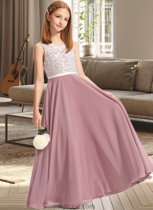 Alma A-Line V-neck Floor-Length Chiffon Lace Junior Bridesmaid Dress DFP0013552