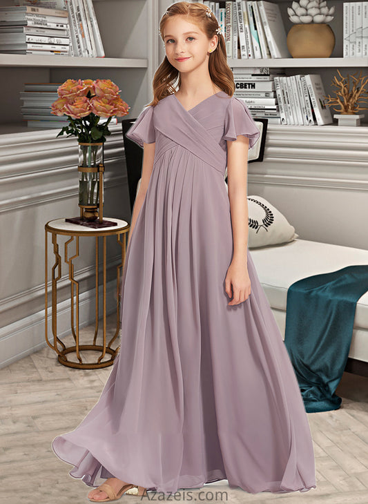 Annabella A-Line V-neck Floor-Length Chiffon Junior Bridesmaid Dress With Ruffle DFP0013554