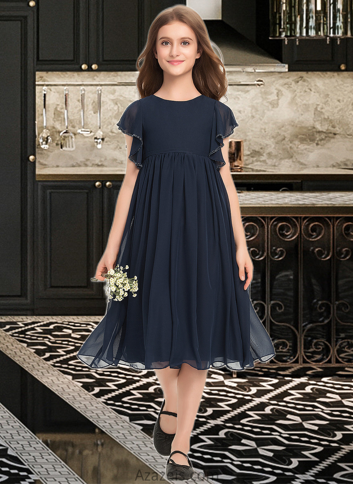 Damaris A-Line Scoop Neck Knee-Length Chiffon Junior Bridesmaid Dress With Beading DFP0013556