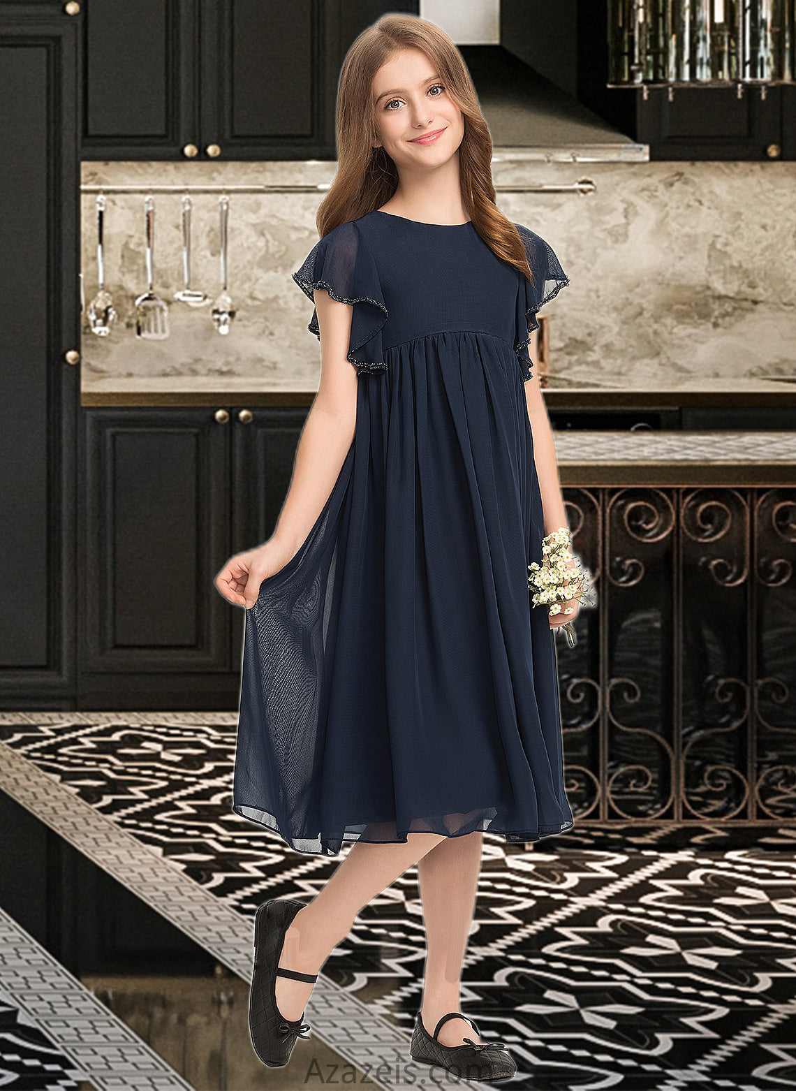 Damaris A-Line Scoop Neck Knee-Length Chiffon Junior Bridesmaid Dress With Beading DFP0013556