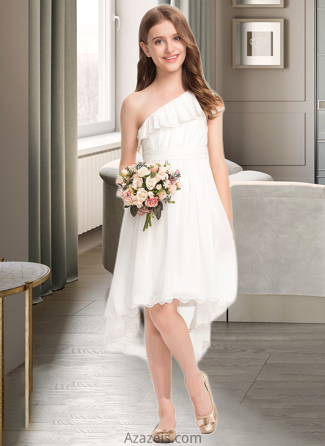 Summer A-Line One-Shoulder Asymmetrical Chiffon Lace Junior Bridesmaid Dress With Bow(s) DFP0013557