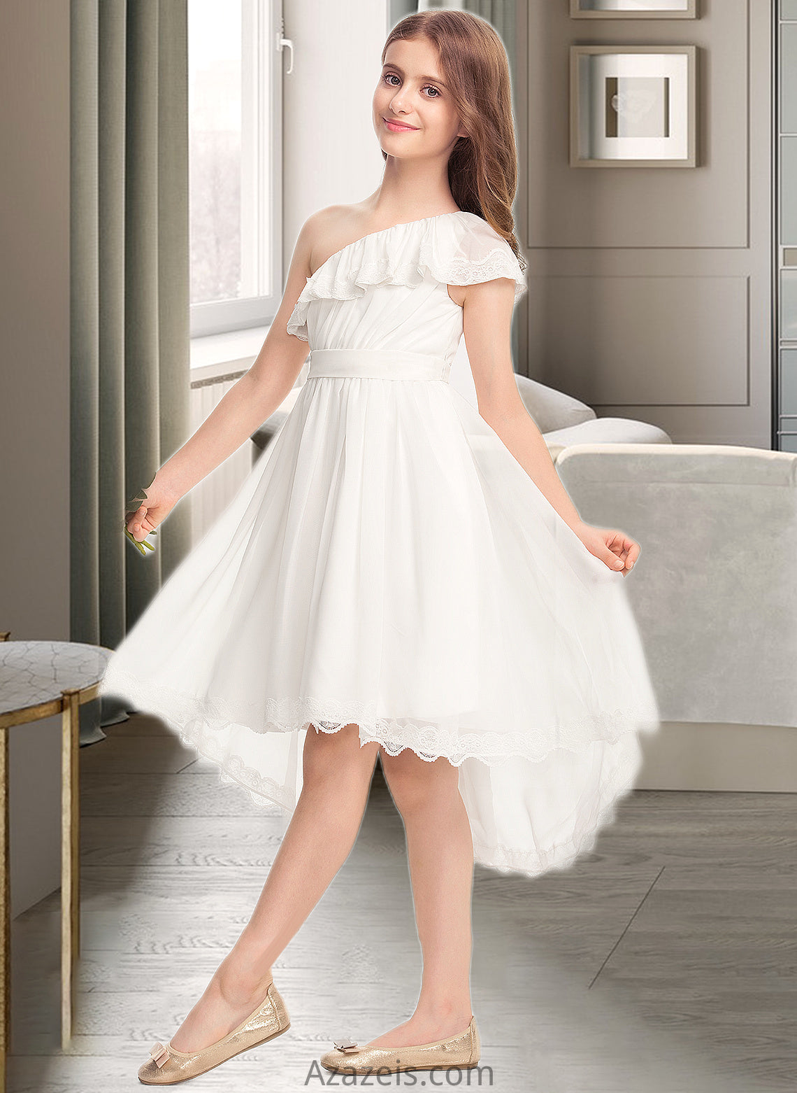 Summer A-Line One-Shoulder Asymmetrical Chiffon Lace Junior Bridesmaid Dress With Bow(s) DFP0013557