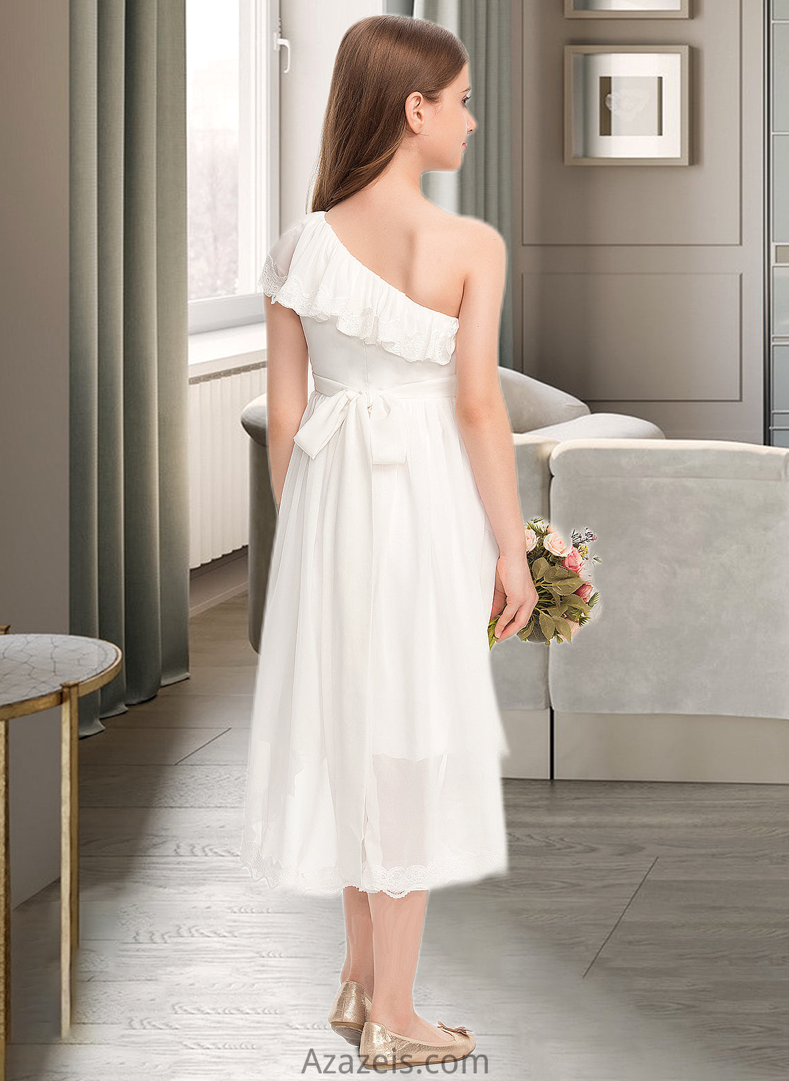 Summer A-Line One-Shoulder Asymmetrical Chiffon Lace Junior Bridesmaid Dress With Bow(s) DFP0013557