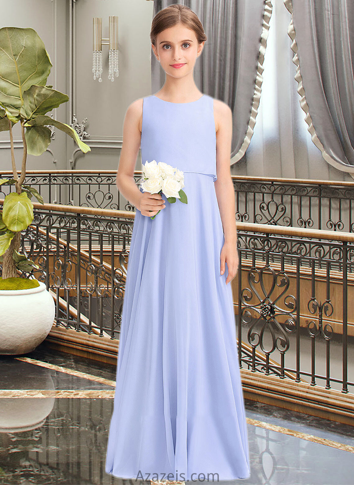 Valery A-Line Scoop Neck Floor-Length Chiffon Junior Bridesmaid Dress DFP0013558