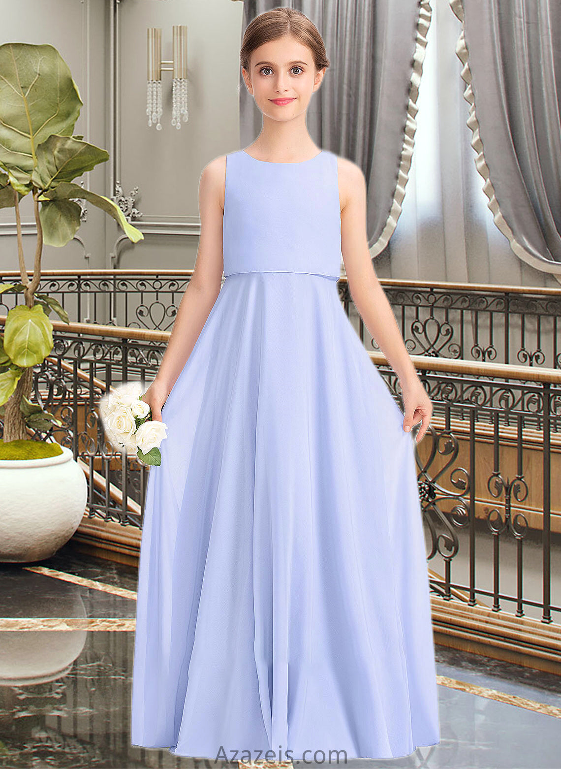 Valery A-Line Scoop Neck Floor-Length Chiffon Junior Bridesmaid Dress DFP0013558