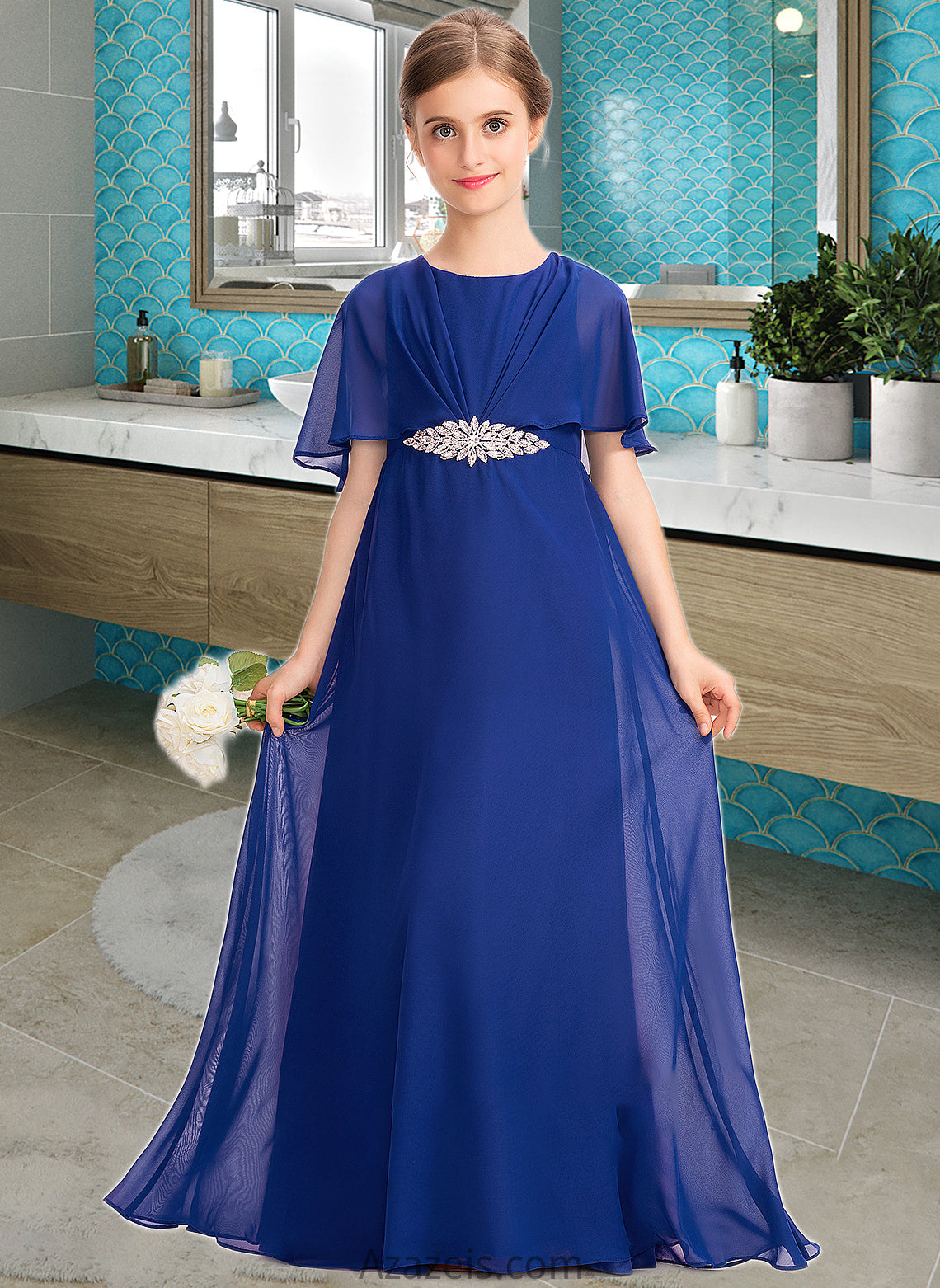 Scarlett A-Line Scoop Neck Floor-Length Chiffon Junior Bridesmaid Dress With Ruffle Beading DFP0013560