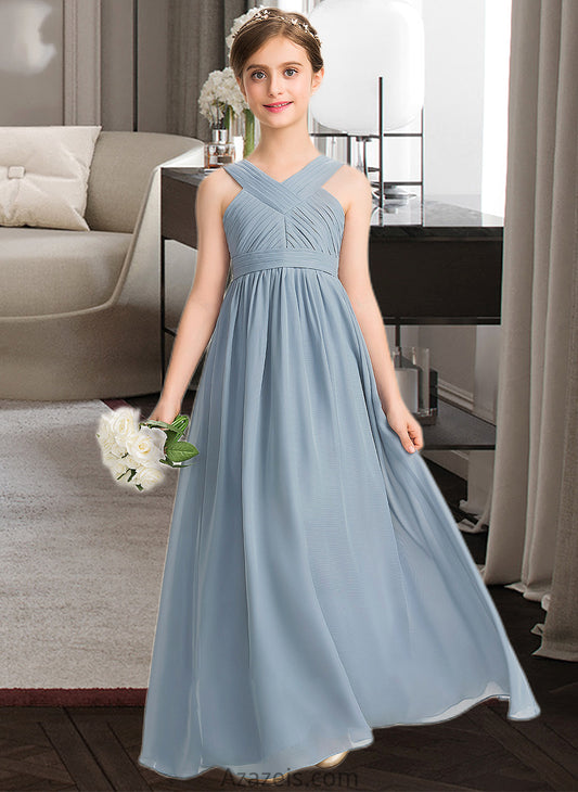 Kaliyah A-Line V-neck Floor-Length Chiffon Junior Bridesmaid Dress With Ruffle DFP0013561