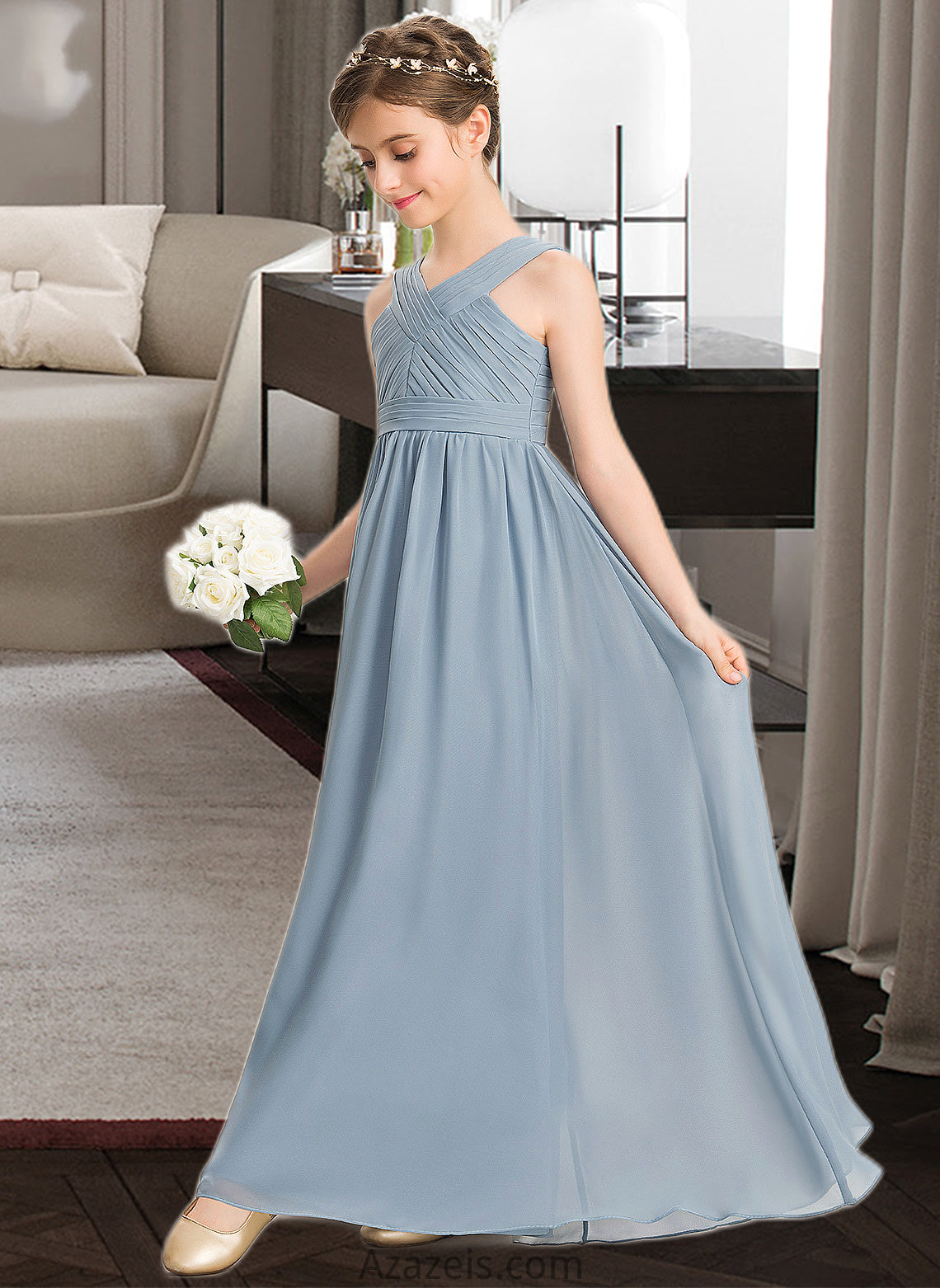 Kaliyah A-Line V-neck Floor-Length Chiffon Junior Bridesmaid Dress With Ruffle DFP0013561