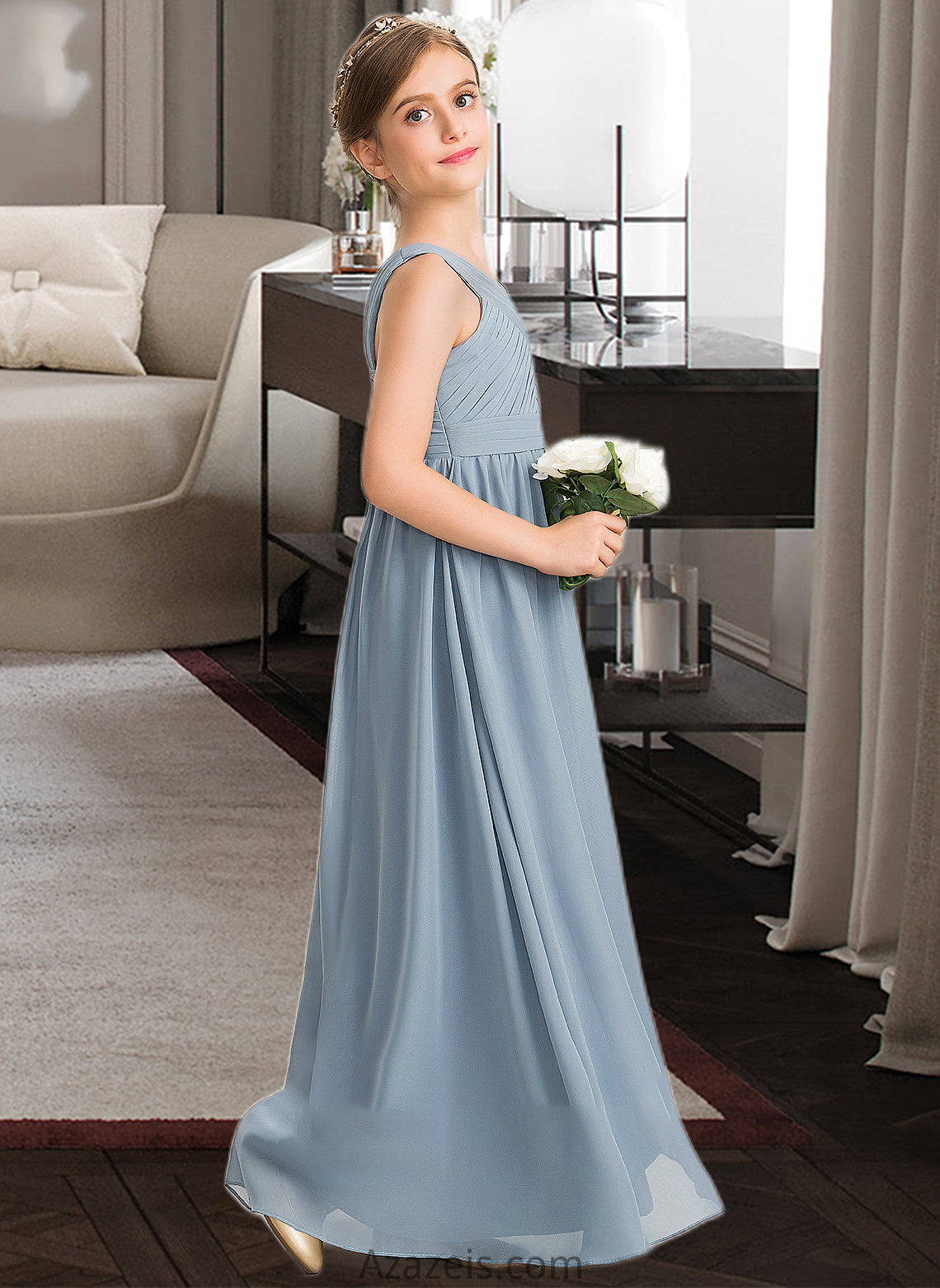 Kaliyah A-Line V-neck Floor-Length Chiffon Junior Bridesmaid Dress With Ruffle DFP0013561