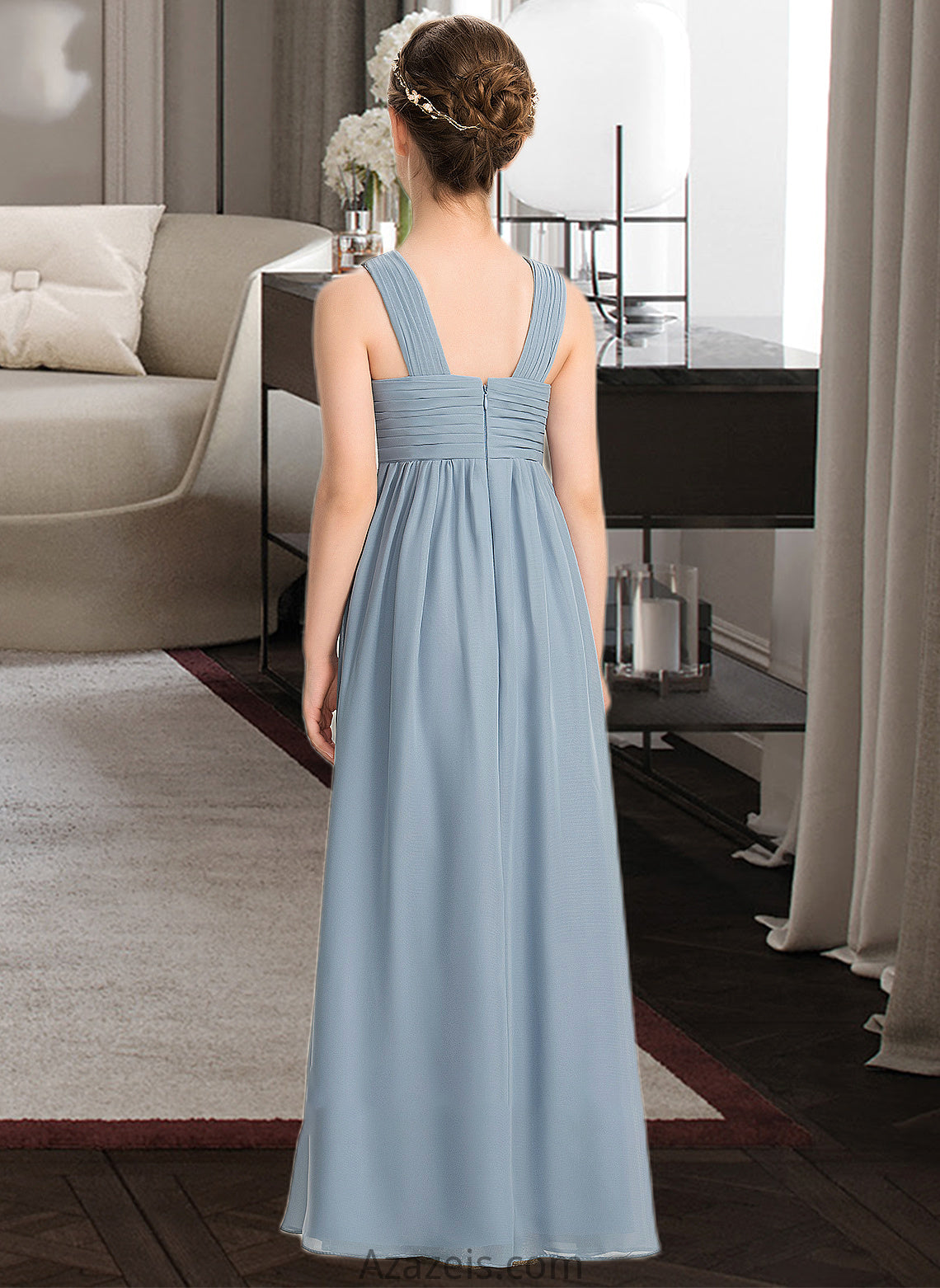 Kaliyah A-Line V-neck Floor-Length Chiffon Junior Bridesmaid Dress With Ruffle DFP0013561