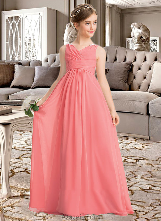 Thirza EmpireV-neckFloor-LengthChiffonJuniorBridesmaidDressWithRuffleBeadingSequins#173291 DFP0013562