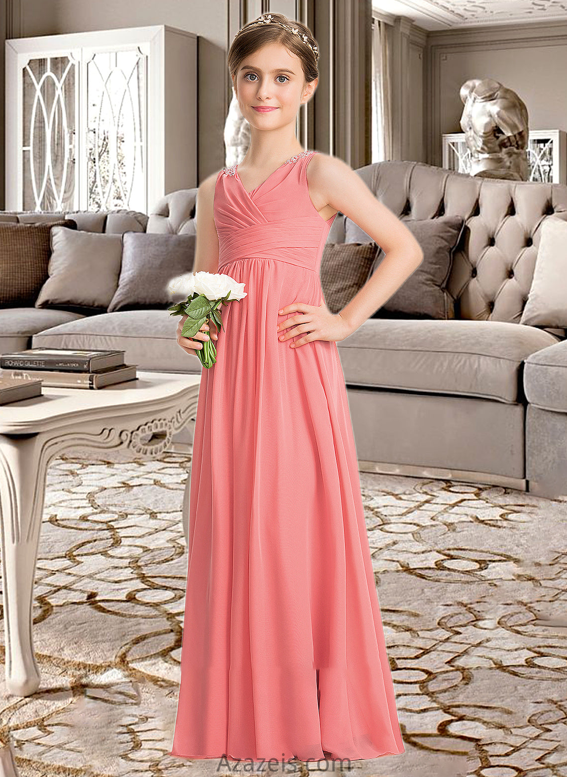 Thirza EmpireV-neckFloor-LengthChiffonJuniorBridesmaidDressWithRuffleBeadingSequins#173291 DFP0013562