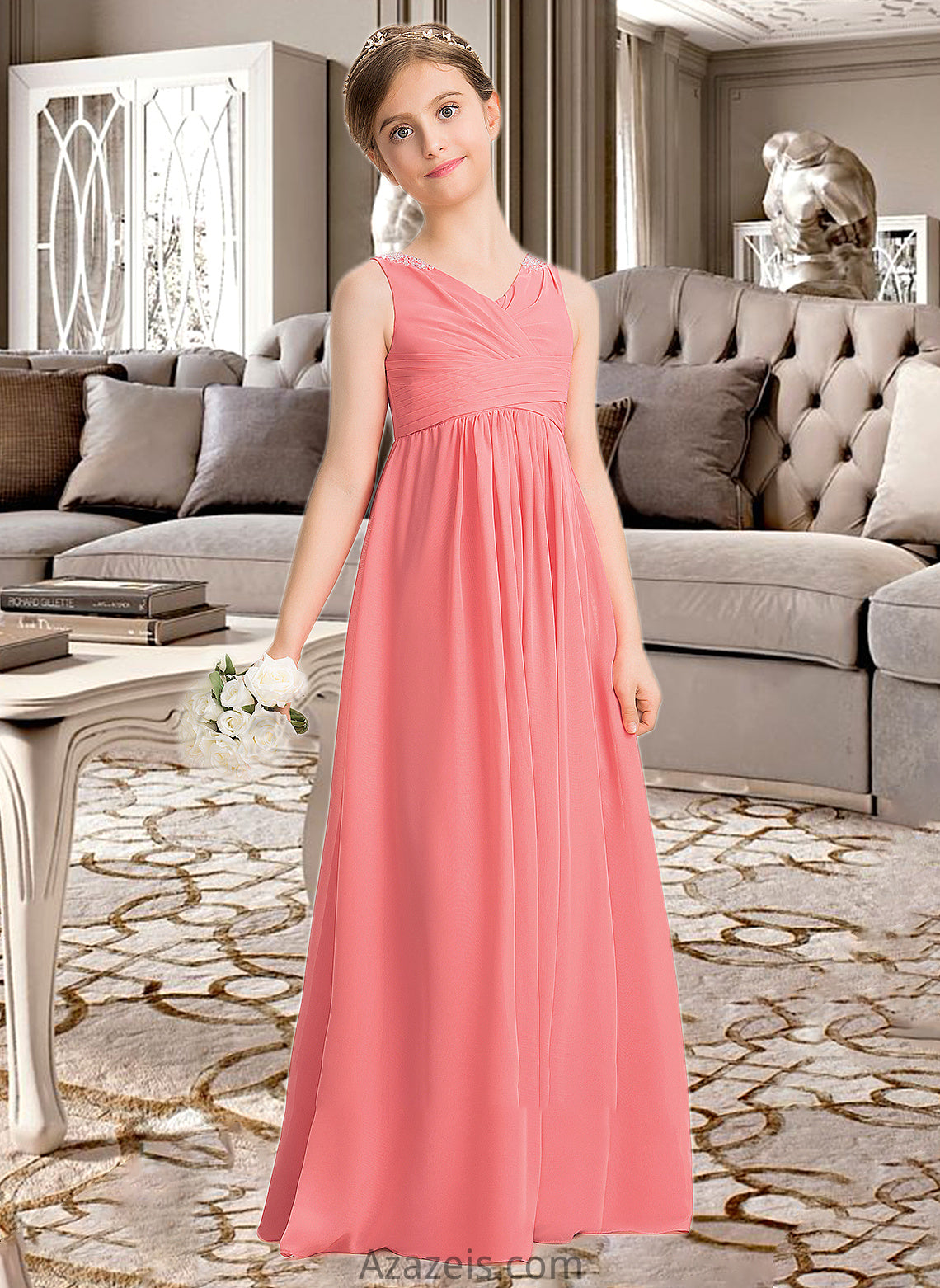 Thirza EmpireV-neckFloor-LengthChiffonJuniorBridesmaidDressWithRuffleBeadingSequins#173291 DFP0013562