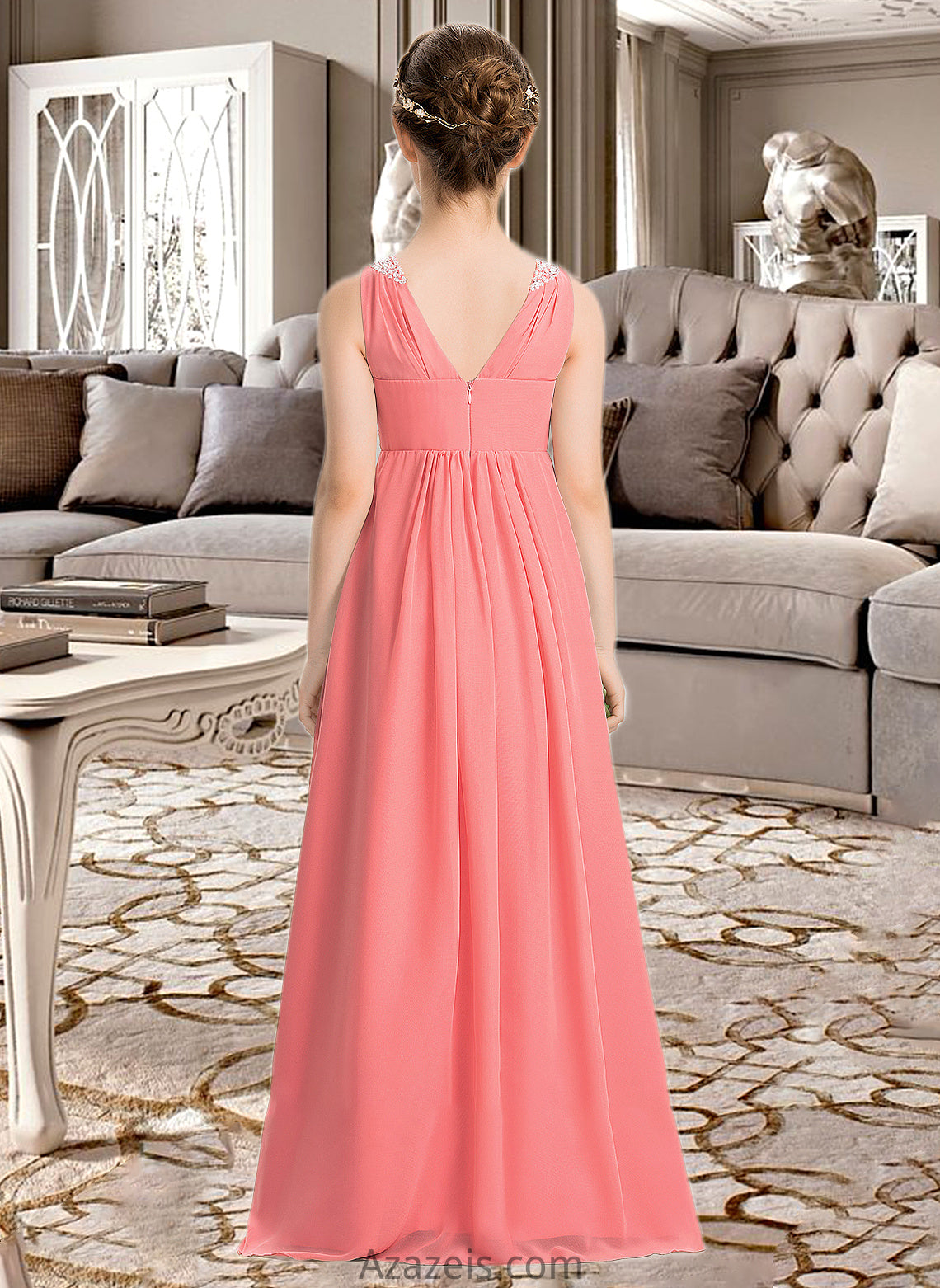 Thirza EmpireV-neckFloor-LengthChiffonJuniorBridesmaidDressWithRuffleBeadingSequins#173291 DFP0013562