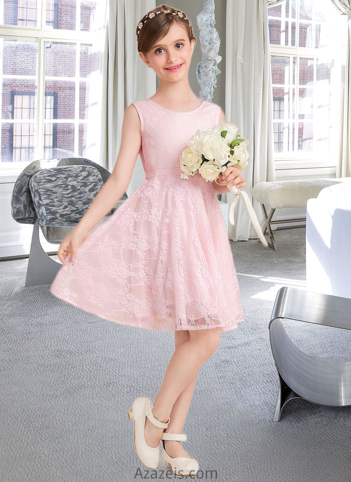 Penelope A-Line Scoop Neck Knee-Length Lace Junior Bridesmaid Dress With Sash Bow(s) DFP0013563