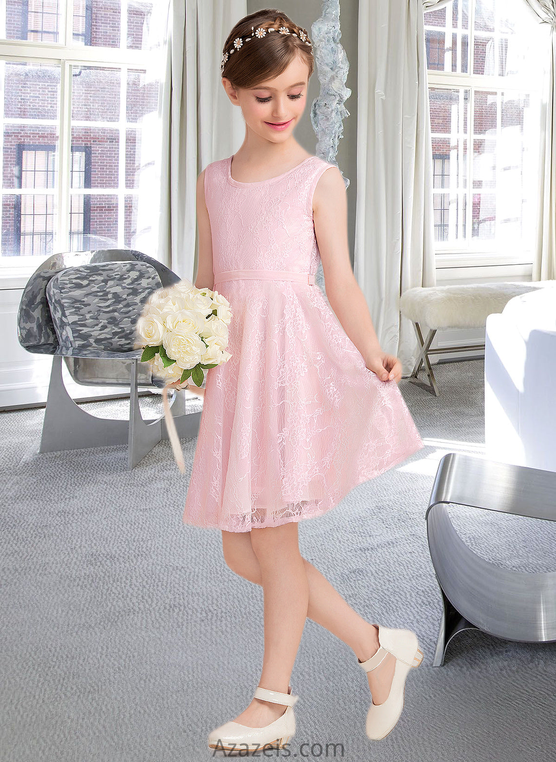 Penelope A-Line Scoop Neck Knee-Length Lace Junior Bridesmaid Dress With Sash Bow(s) DFP0013563