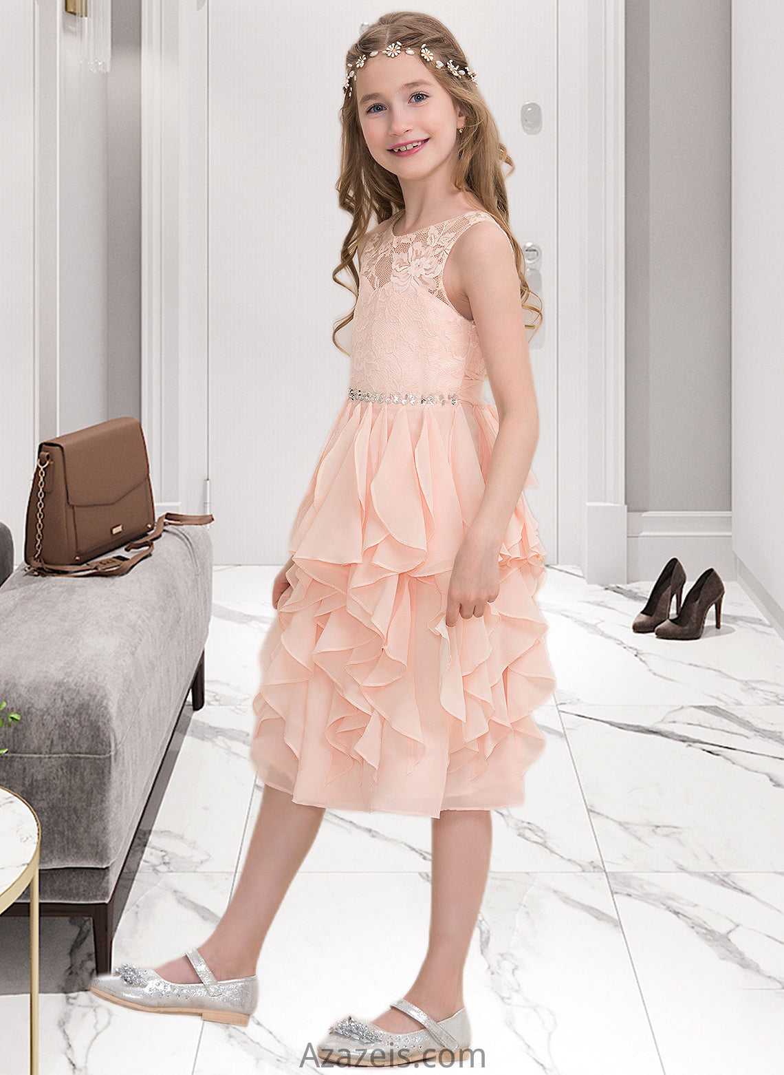 Lucille A-Line Scoop Neck Knee-Length Chiffon Junior Bridesmaid Dress With Beading Sequins Cascading Ruffles DFP0013565