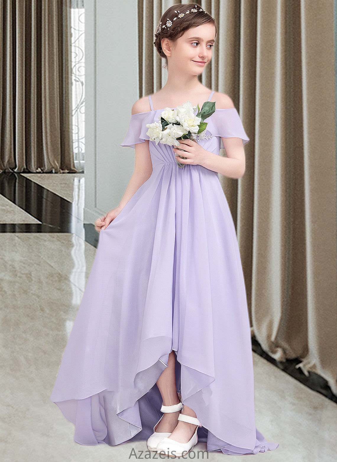 Maureen A-Line Off-the-Shoulder Asymmetrical Chiffon Junior Bridesmaid Dress With Cascading Ruffles DFP0013566