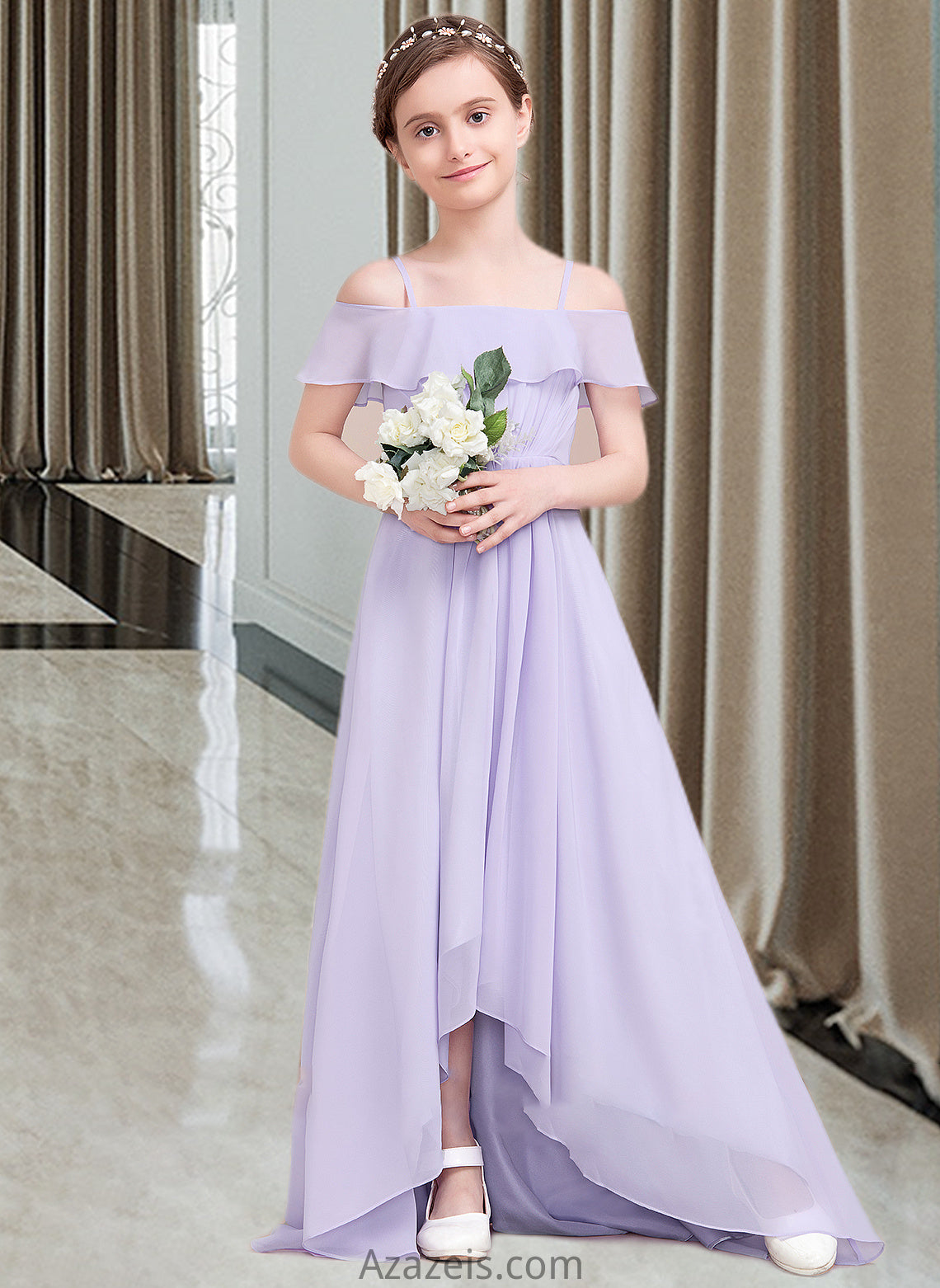 Maureen A-Line Off-the-Shoulder Asymmetrical Chiffon Junior Bridesmaid Dress With Cascading Ruffles DFP0013566