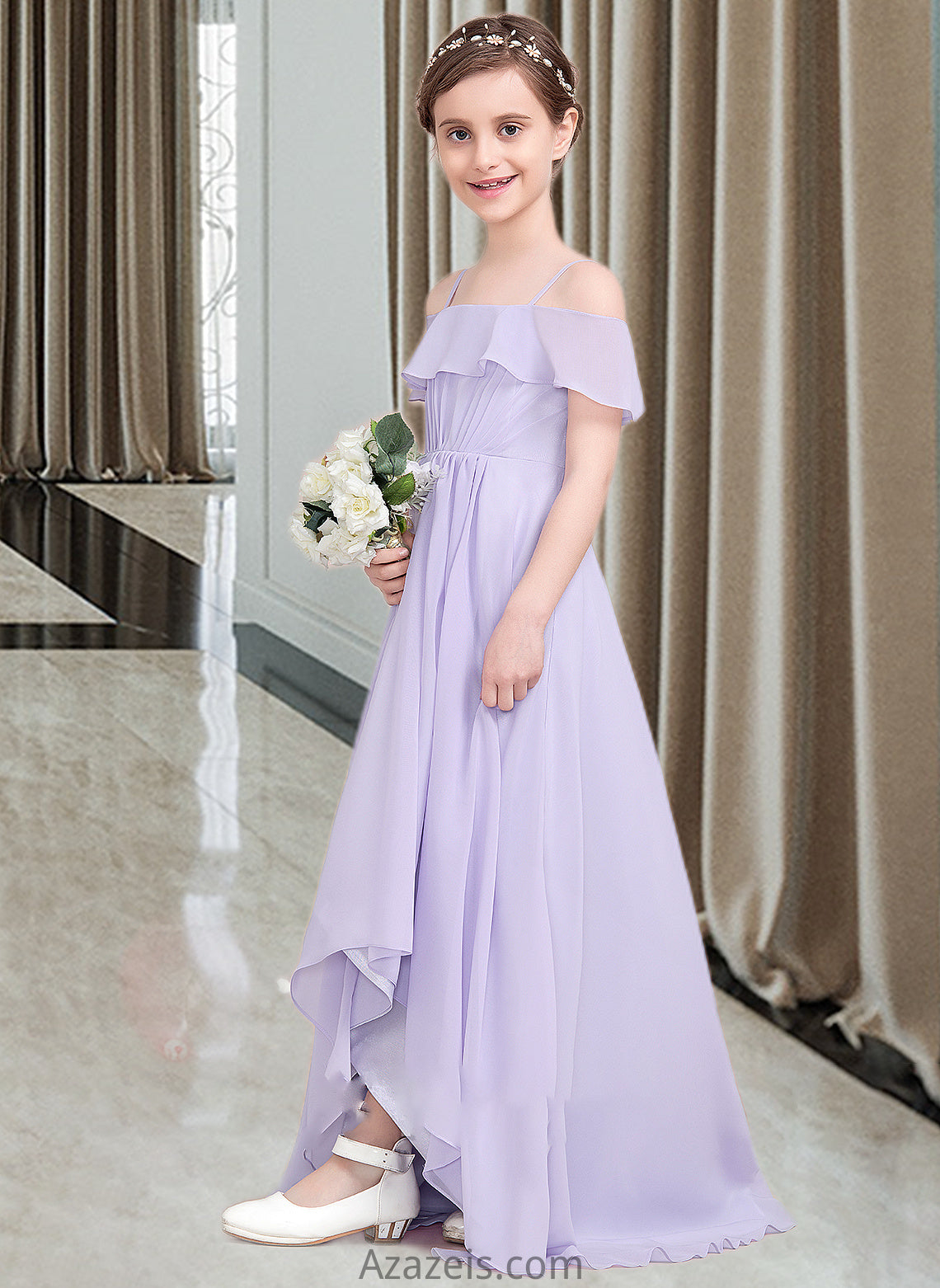 Maureen A-Line Off-the-Shoulder Asymmetrical Chiffon Junior Bridesmaid Dress With Cascading Ruffles DFP0013566