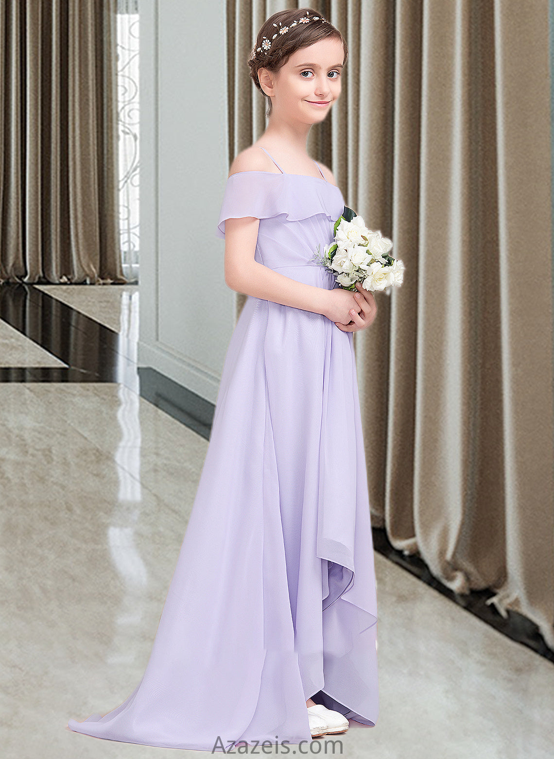 Maureen A-Line Off-the-Shoulder Asymmetrical Chiffon Junior Bridesmaid Dress With Cascading Ruffles DFP0013566