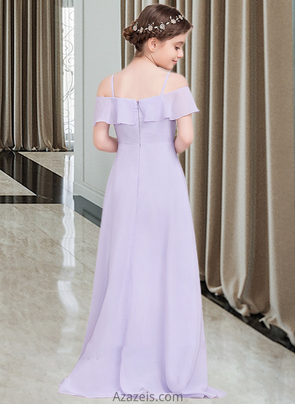 Maureen A-Line Off-the-Shoulder Asymmetrical Chiffon Junior Bridesmaid Dress With Cascading Ruffles DFP0013566