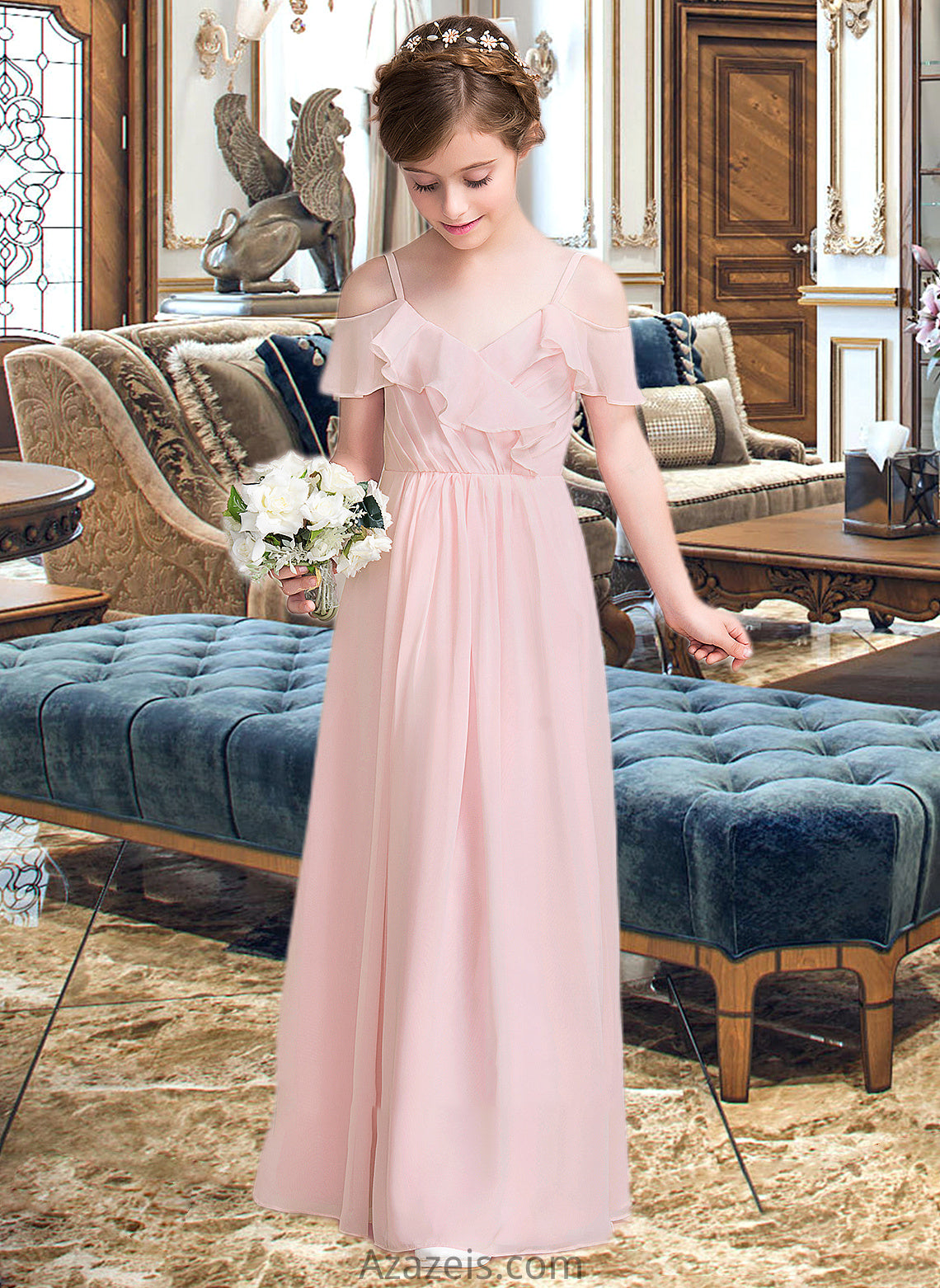 Jennifer A-Line V-neck Floor-Length Chiffon Junior Bridesmaid Dress With Cascading Ruffles DFP0013567