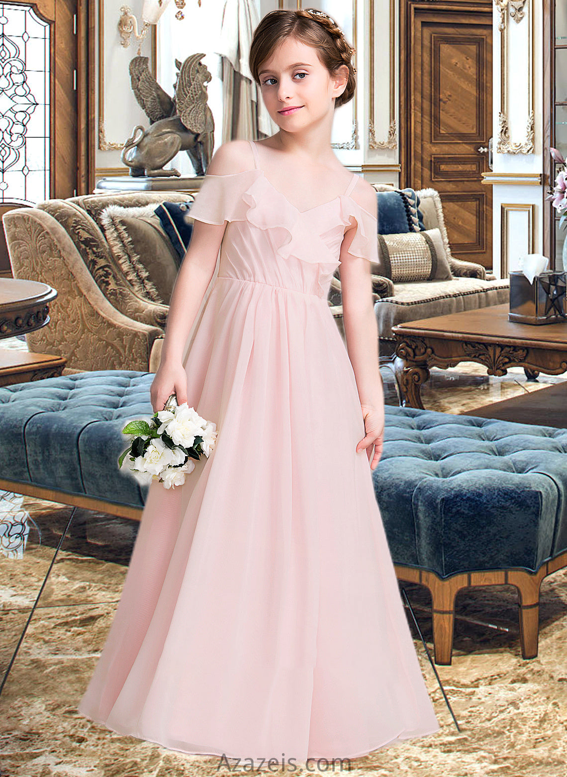 Jennifer A-Line V-neck Floor-Length Chiffon Junior Bridesmaid Dress With Cascading Ruffles DFP0013567