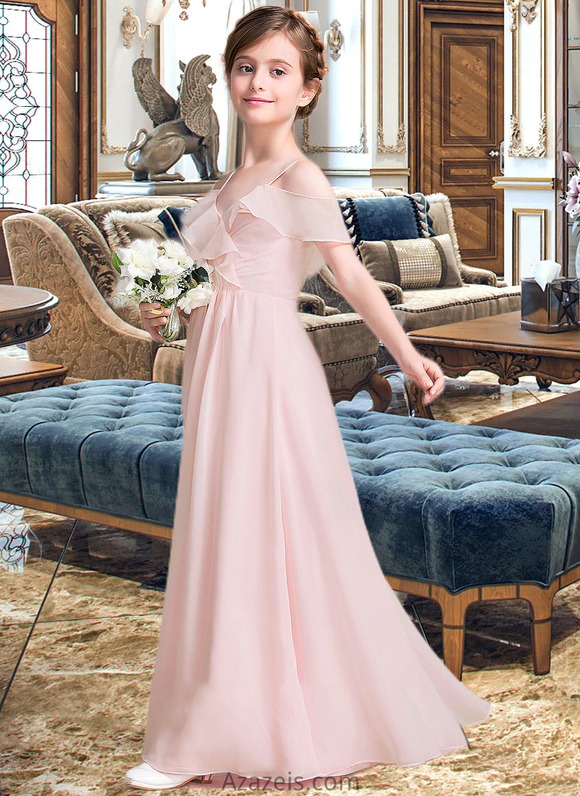 Jennifer A-Line V-neck Floor-Length Chiffon Junior Bridesmaid Dress With Cascading Ruffles DFP0013567