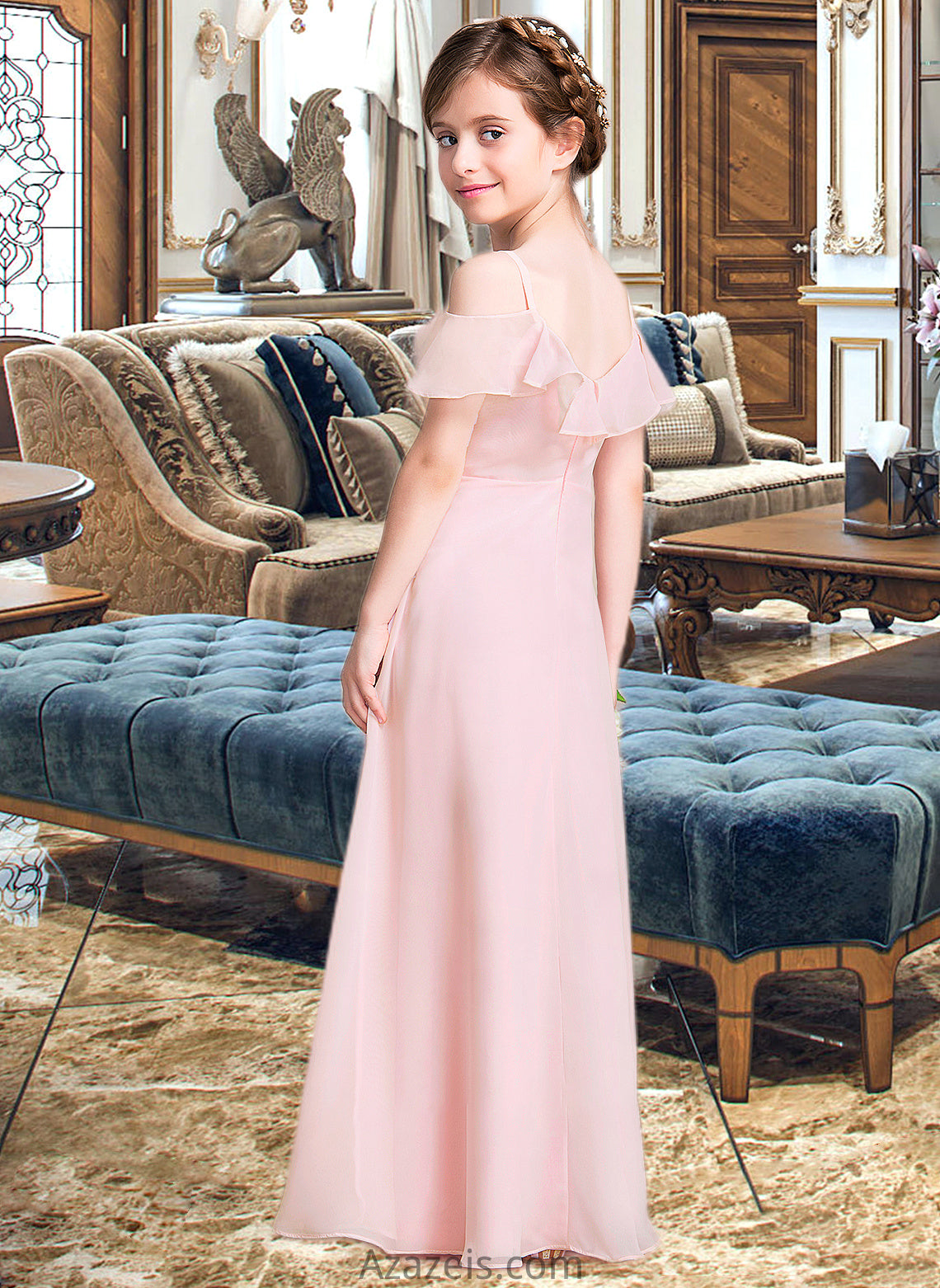 Jennifer A-Line V-neck Floor-Length Chiffon Junior Bridesmaid Dress With Cascading Ruffles DFP0013567