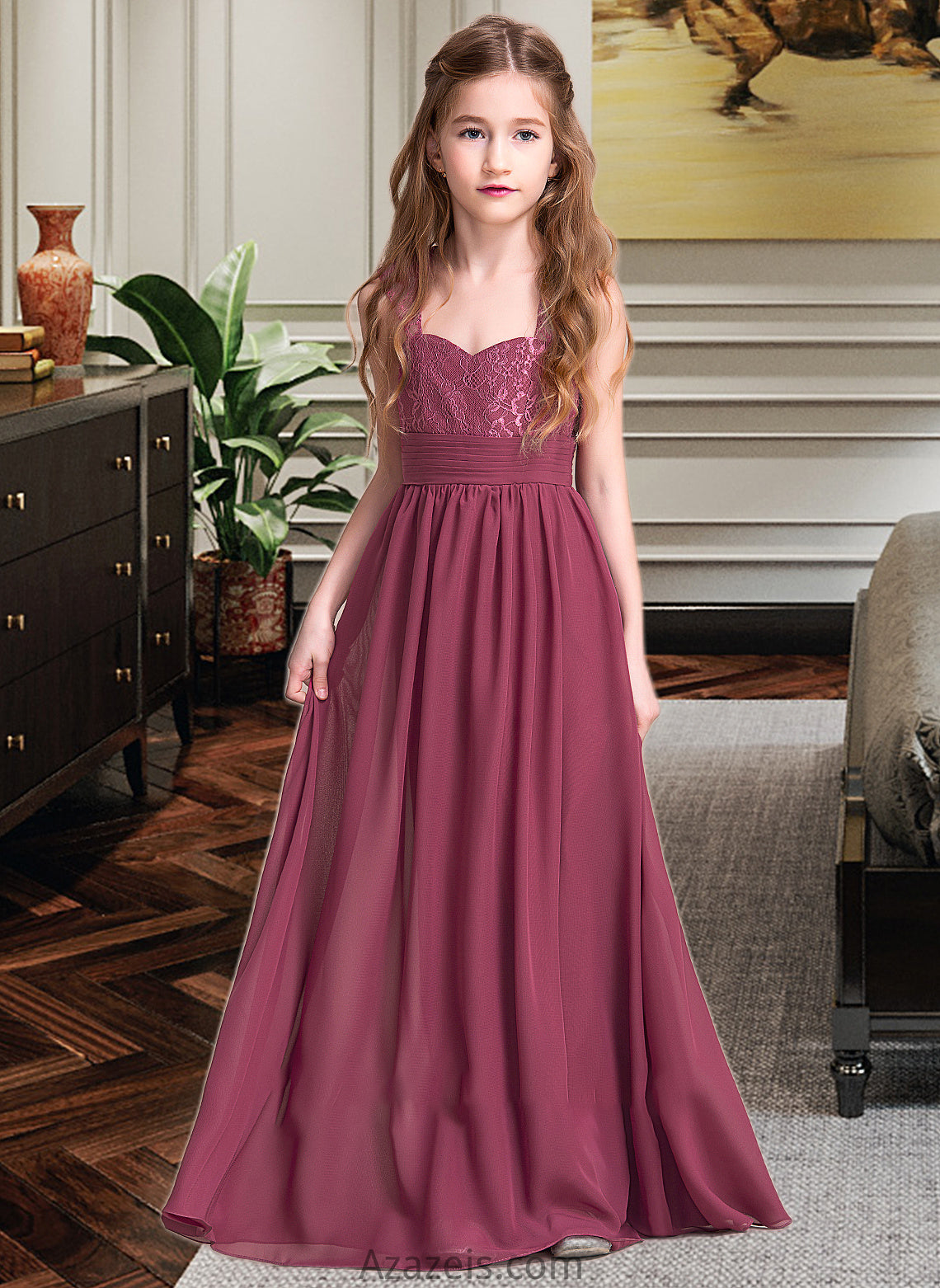 Lucinda A-Line Sweetheart Floor-Length Chiffon Junior Bridesmaid Dress With Ruffle DFP0013568