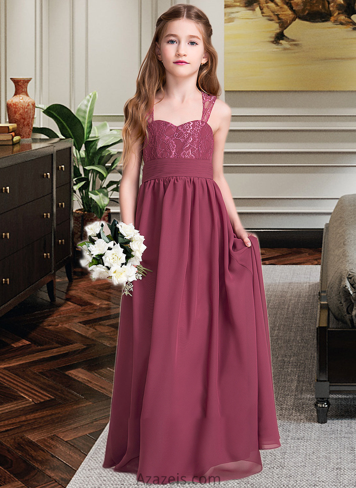 Lucinda A-Line Sweetheart Floor-Length Chiffon Junior Bridesmaid Dress With Ruffle DFP0013568