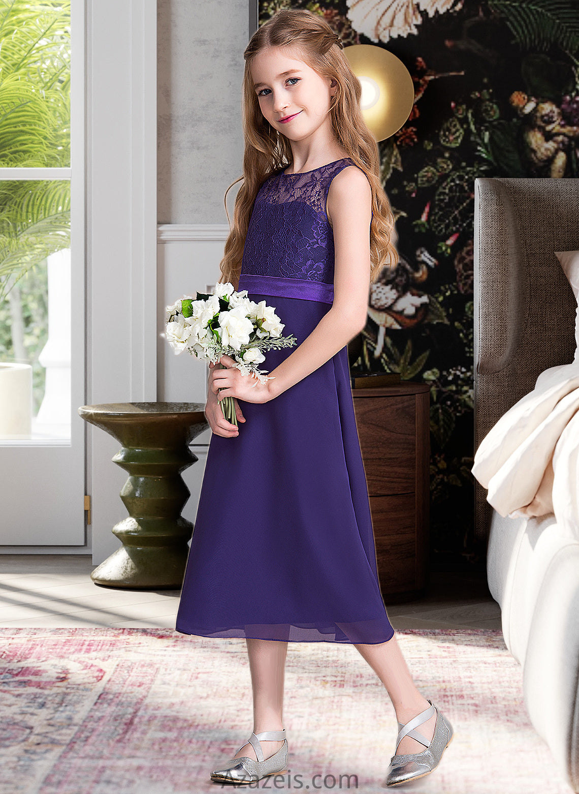 Melany A-Line Scoop Neck Tea-Length Chiffon Junior Bridesmaid Dress DFP0013569