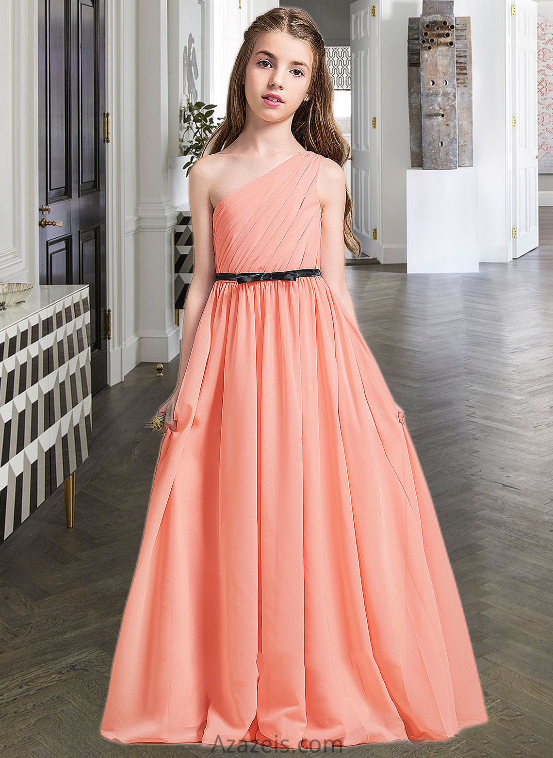 Ainsley A-Line One-Shoulder Floor-Length Chiffon Junior Bridesmaid Dress With Ruffle Bow(s) DFP0013570